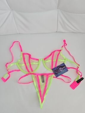 "Fantasy Lingerie Glow" Neon Strappy Sheer Bra & Thong Set - Hot Pink & Lime